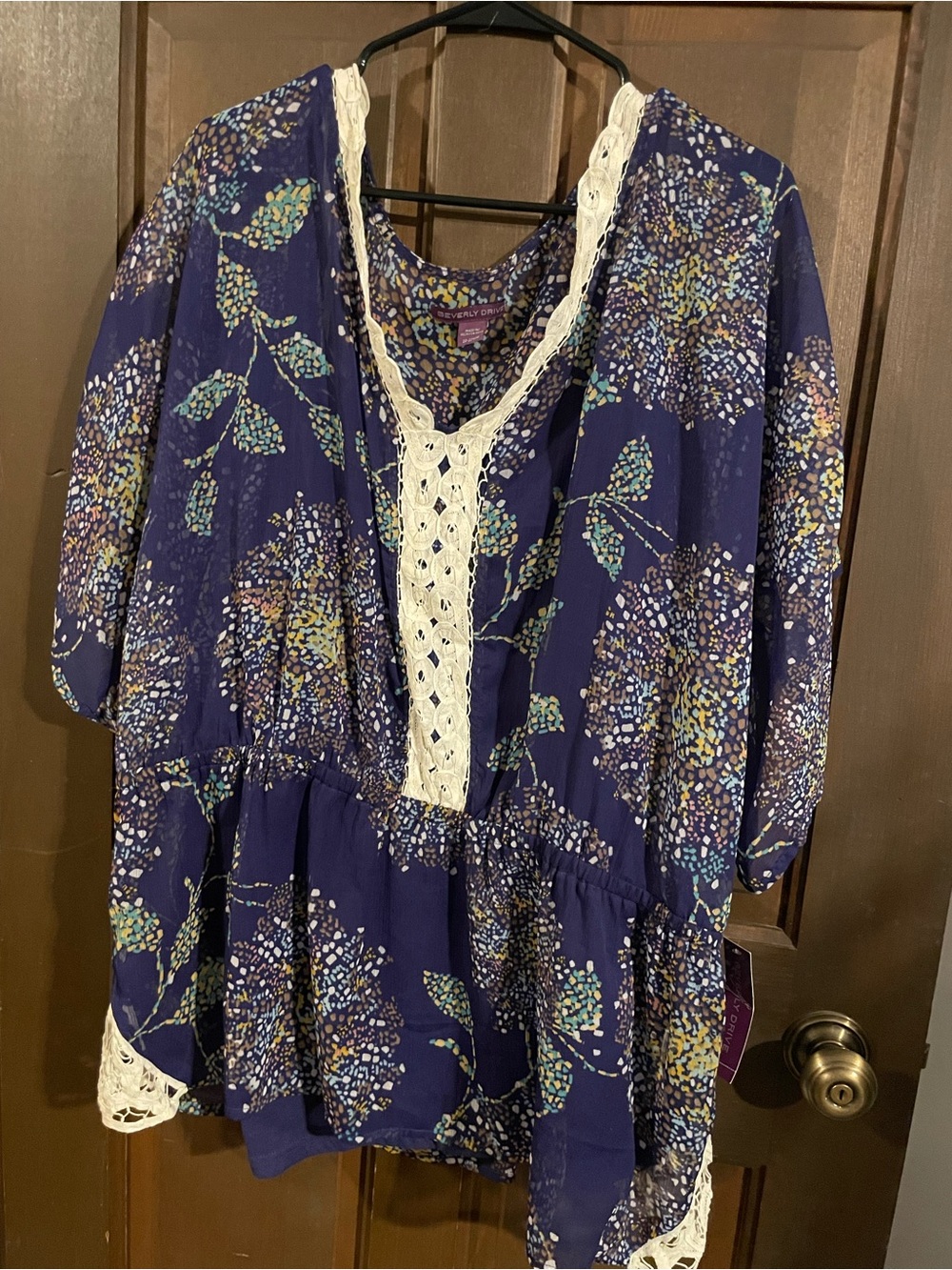 Beverly Drive Blue Purple Floral Lace-Trim Peasant Tunic